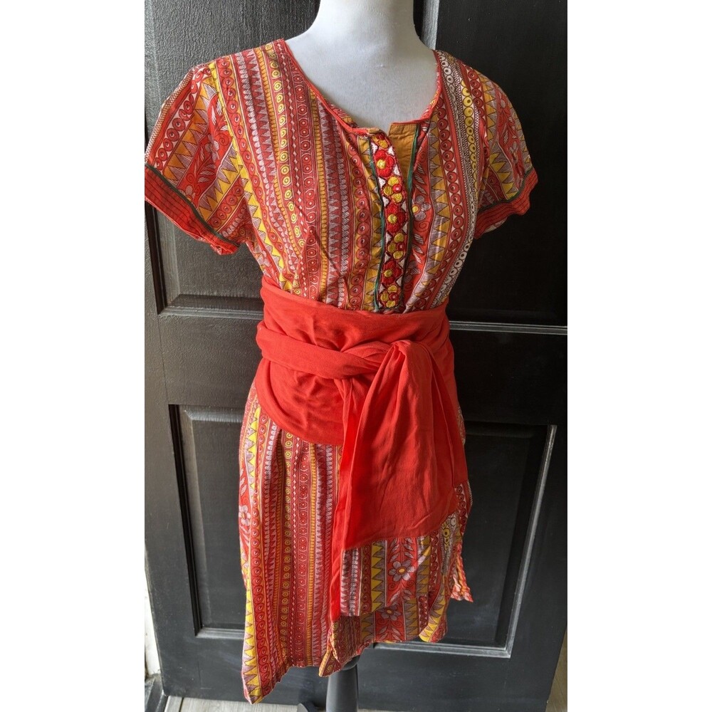 Biba 2 Pc Embroidered Cotton Tunic Dress Top With Long Scarf Wrap Sz 36, M